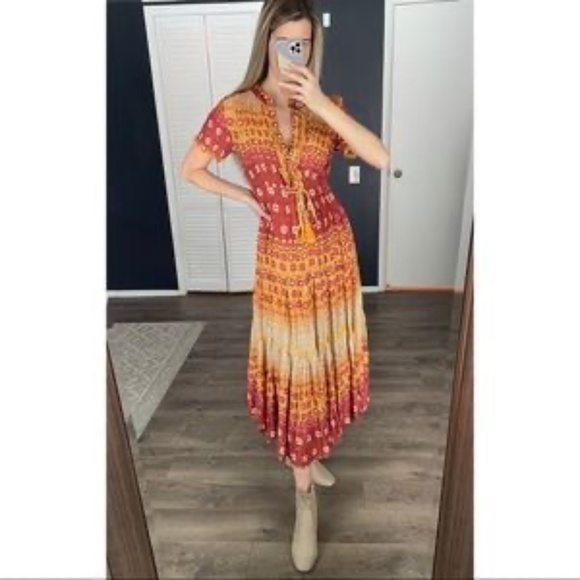 Free People Rare Feeling Pleated Maxi Dress in Goldenrod Combo - Picture 1 of 2